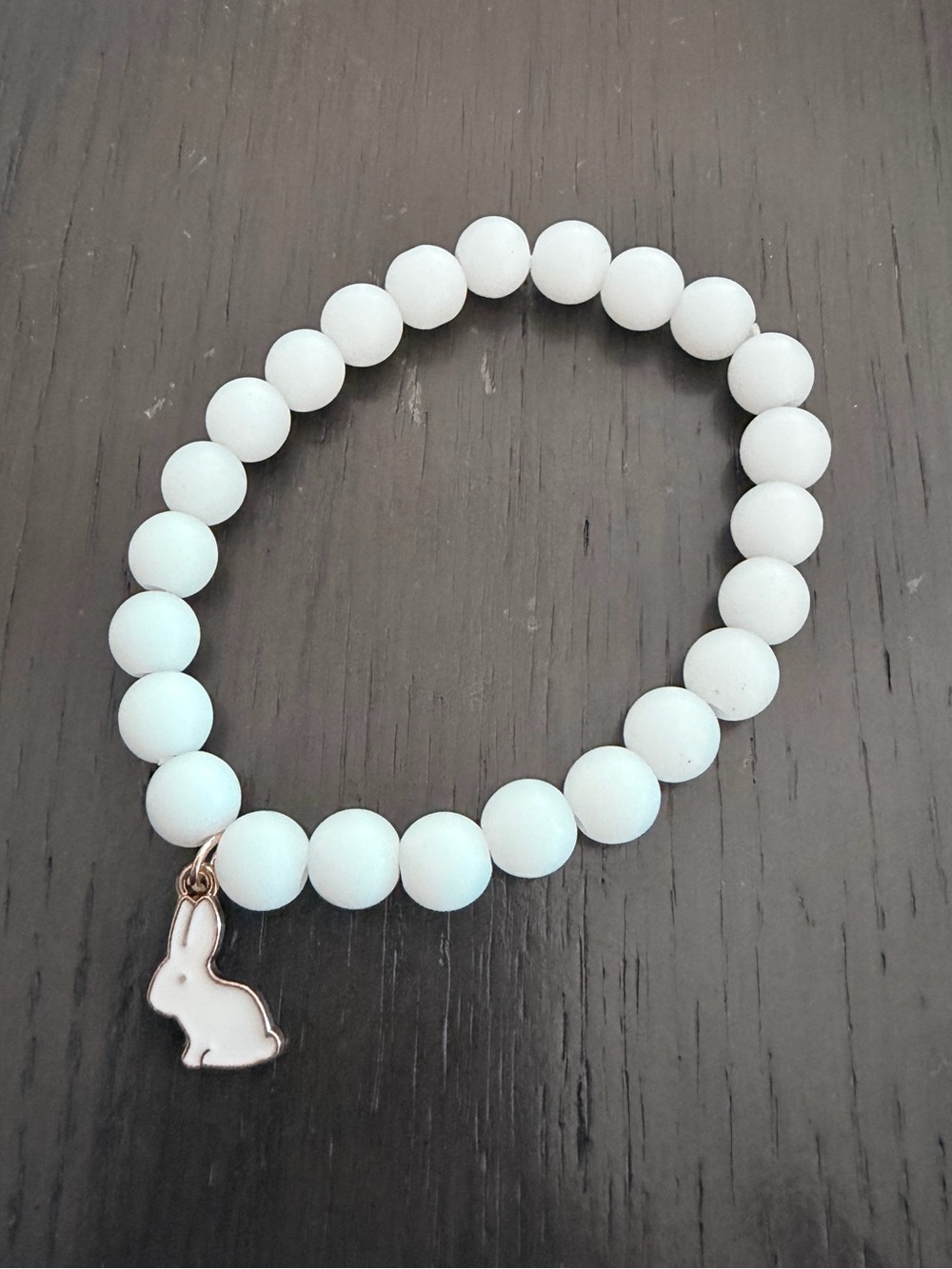 White Beaded Stretch Bracelet with Bunny Charm Handmade Jewelry